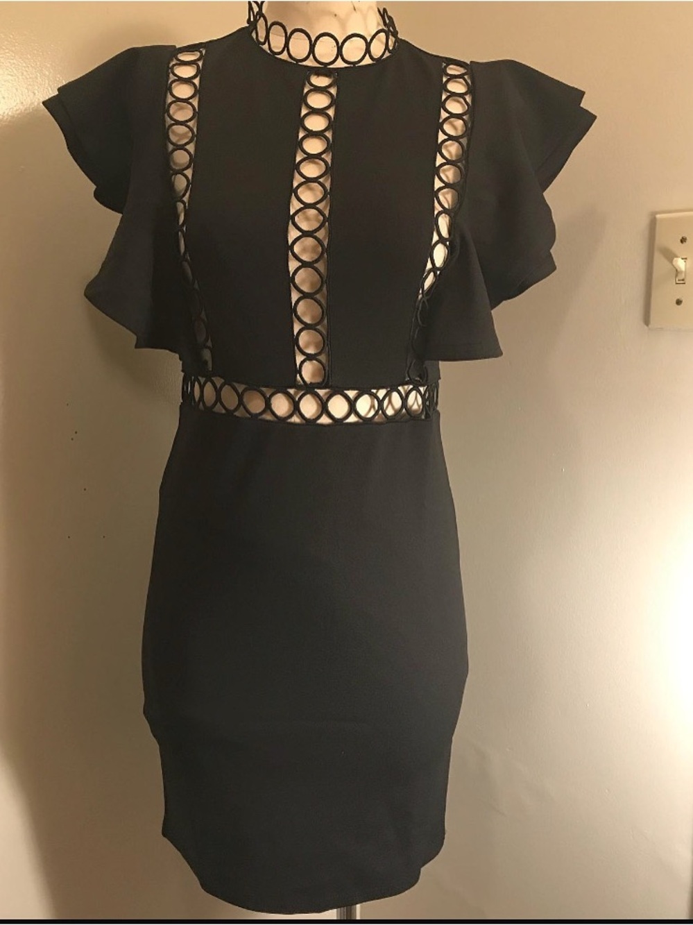 Black Cutout Sheath Dress with Circle Trim